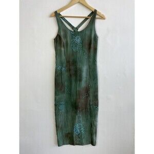 Tropical Tantrum Green Beaded Batik Floral Hawaiian Rayon Dress‎ Womens Medium